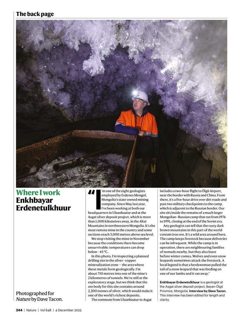 “Эрдэнэс Монгол” ХХК-ийн геологич Э.Энхбаярын “Асгат” төслийн явц, ажиллах нөхцөл, геологийн орчин болон өөрийн мэргэжлийн онцлогийн талаар хуваалцсан ярилцлага ОУ-ын ШУ-ны NATURE сэтгүүлд нийтлэгдлээ